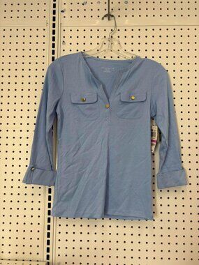 Charter Club Petite Blue Henley Top 3/4 Sleeve Button Pockets Cotton Size PP